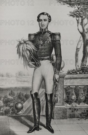 Albert. Prince of Saxe-Coburg-Gotha (1819-1861). Prince consort of Queen Victoria of Great Britain. Portrait. Lithography. ""Reyes Contemporaneos"". Volume I. Published in Madrid, 1855.