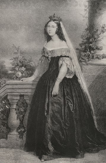 Sophie of Wurttemberg (1818-1877). Queen of the Netherlands (1849-1877) and Grand Duchess of Luxembourg. First wife of King William III of the Netherlands. Portrait. Drawing by A. Cortes y Vallejo. Lithography by J.J. Martinez. Reyes Contemporaneos. Volume I. Published in Madrid, 1855.