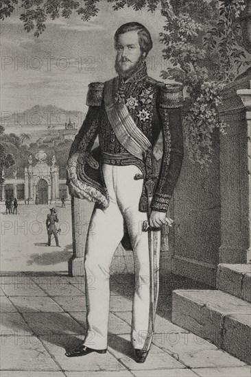 Pedro II of Alcantara (1825-1891). Emperor of Brazil (1831-1889). He had to abdicate and go into exile in Europe after a coup d'etat that overthrew him in November 1889. Portrait. Drawing by B. Blanco. Lithography by Donon. ""Reyes Contemporaneos"". Volume I. Published in Madrid, 1855.