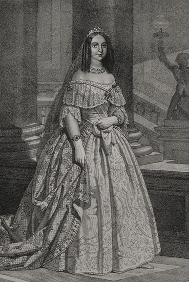 Teresa Cristina of the Two Sicilies (1822-1889). Pincess of the Kingdom of the Two Sicilies. After her marriage in 1843 to Emperor Pedro II of Brazil, she became the Empress of Brazil. Portrait. Drawing by B. Blanco. Lithography by J. Donon. ""Reyes Contemporaneos"". Volume I. Published in Madrid, 1855.