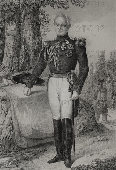 William I (1781-1864). King of Wurttemberg from 1816 to 1864. Portrait. Drawing by C. Legrand. Lithography by J. Donon. ""Reyes Contemporaneos"". Volume I. Published in Madrid, 1855.