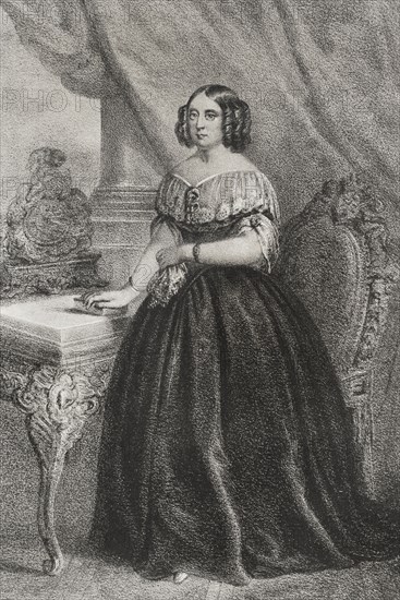 Pauline Therese of Wurttemberg (1800-1873). Queen consort of Wurttemberg by her marriage to her first cousin King William I in 1820. Portrait. Drawing by A. Cortes. Lithography by J. Donon. ""Reyes Contemporaneos"". Volume I. Published in Madrid, 1855.