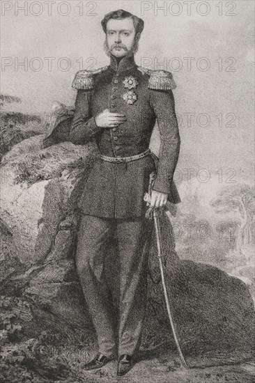 Karl I of Wurttemberg (1823-1891). Third King of Wurttemberg (1864-1891). Portrait of Karl Friedrich Alexander as Crown Prince of Wurttemberg. Drawing by J. Vallejo. Lithography by J. Donon. ""Reyes Contemporaneos"". Volume I. Published in Madrid, 1855.