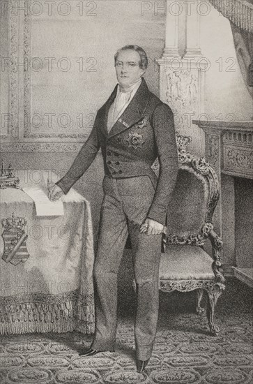 Frederick Augustus II of Saxony (1797-1854). King of Saxony (1836-1854). Portrait. Drawing by Valdivieso. Lithography by Martinez. ""Reyes Contemporaneos"" (Contemporary Kings). Volume II. Published in Madrid, 1852.