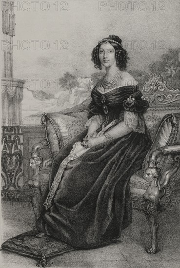 Maria Anna of Bavaria (1805-1877). Queen consort of Saxony (1836-1854) by her marriage to King Frederick Augustus II of Saxony (1797-1854). Portrait. Drawing by I. Brochelon. Lithography by J.J. Martinez. ""Reyes Contemporaneos"" (Contemporary Kings). Volume II. Published in Madrid, 1852.