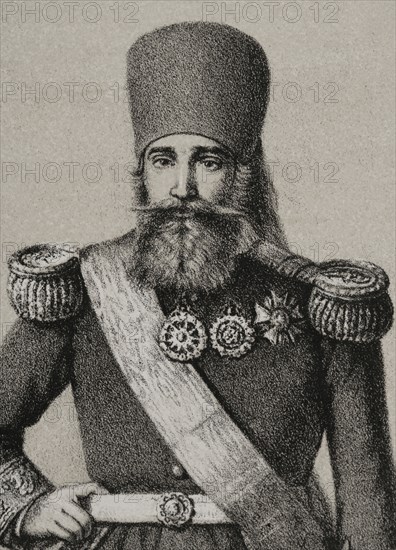 Ahmad I ibn Mustafa (1806-1855). Bey of Tunisia from 1837 to 1855. Portrait. Drawing by M. Iglesias. Lithography by J. Donon. Detail. ""Reyes Contemporaneos"" (Contemporary Kings). Volume II. Published in Madrid, 1852.