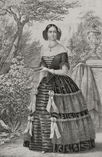 Adelgunde of Bavaria (1823-1914). Duchess consort of Modena and Reggio (1846-1859) by her marriage to Francesco V (1819-1875), Duke of Modena and Reggio. Portrait. Drawing by C. Legrand. Lithography by J. Donon. ""Reyes Contemporaneos"" (Contemporary Kings). Volume II. Published in Madrid, 1852.