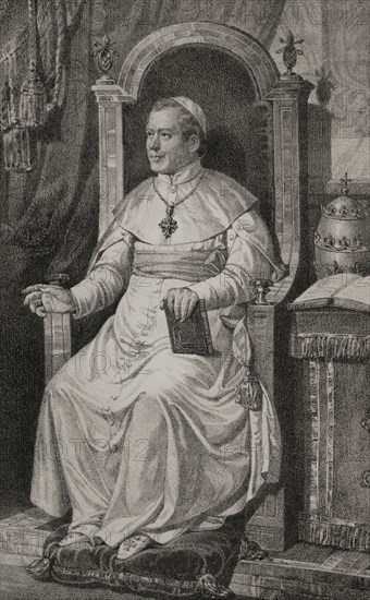 Pius IX (1792-1878). Italian pope (1846-1878), born Giovanni Maria Mastai Ferretti. Portrait. Drawing by B. Blanco. Lithography by J. Donon. ""Reyes Contemporaneos"" (Contemporary Kings). Volume II. Published in Madrid, 1852.