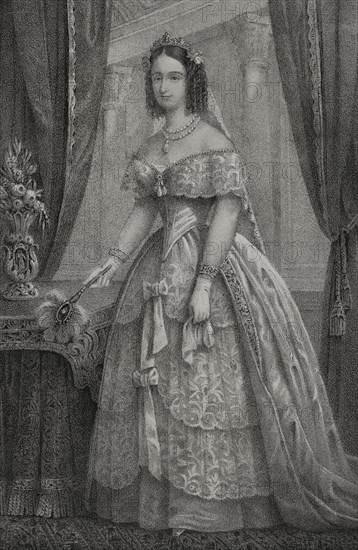 Maria Antonia of the Two Sicilies (1814-1898). Grand Duchess consort of Tuscany (1833-1859) by her marriage to Leopold II (1797-1870), Grand Duke of Tuscany (1824-1859). Portrait. Drawing by C. Legrand. Lithography by J. Donon. ""Reyes Contemporaneos"" (Contemporary Kings). Volume II. Published in Madrid, 1852.