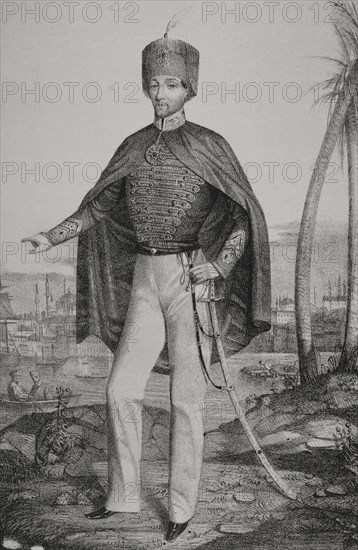 Abdulmejid I (1823-1861). Sultan of the Ottoman Empire (1839-1861). Portrait. Drawing by Valdivieso. Lithography by Martinez. ""Reyes Contemporaneos"" (Contemporary Kings). Volume II. Published in Madrid, 1852.