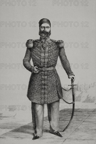 Abbas I of Egypt (1812-1854), also know as Abbas Pasha. Wali of Egypt under the Ottomans from 1848 to 1854. Portrait. Lithography by Martinez. ""Reyes Contemporaneos"" (Contemporary Kings). Tomo II. Publicado en Madrid, 1852.