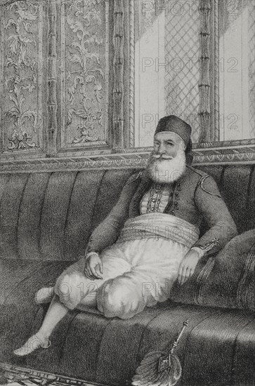 Muhammad Ali (1769-1849). Pasha of Egypt from 1805 to 1848. Portrait. Drawing by M. Iglesias. Lithography by J. Donon. ""Reyes Contemporaneos"" (Contemporary Kings). Volume II. Published in Madrid, 1852.