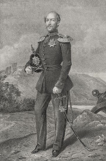 Frederick Francis II (1823-1883). Grand Duke of Mecklenburg-Schwerin (1842-1883). Portrait. Drawing by C. Legrand. Lithography by J. Donon. ""Reyes Contemporaneos"" (Contemporary Kings). Volume II. Published in Madrid, 1852.