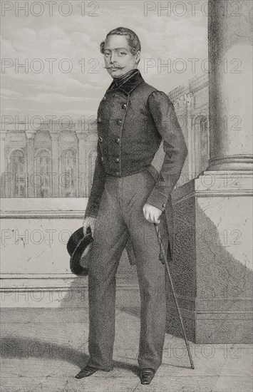 Louis III (1806-1877). Grand Duke of Hesse and by Rhine (1848-1877). Portrait. Drawing by C. Legrand. Lithography by J. Donon. ""Reyes Contemporaneos"" (Contemporary Kings). Volume II. Published in Madrid, 1852.