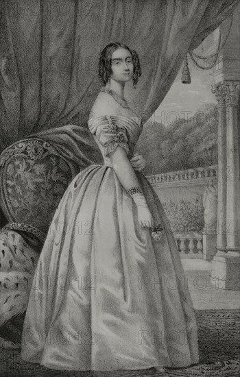 Mathilde Karoline of Bavaria (1813-1862). Daughter of King Ludwig I of Bavaria. Grand Duchess consort of Hesse and by Rhine by her marriage to Grand Duke Ludwig III (1806-1877). Drawing by C. Legrand. Lithography by J. Donon. ""Reyes Contemporaneos"" (Contemporary Kings). Volume II. Published in Madrid, 1852.