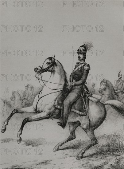 Frederick I (1826-1907). Grand Duke of Baden (1856-1907). Equestrian portrait. Drawing by M. Iglesias. Lithography by J.J. Martinez. ""Reyes Contemporaneos"" (Contemporary Kings). Volume II. Published in Madrid, 1852.