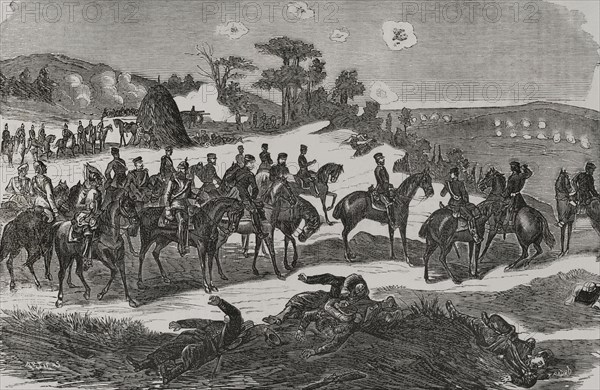 Franco-Prussian War (1870-1871). Second Battle of Orleans (3-4 December 1870). The Prussians defeated the French, recapturing the city of Orleans. Prince Friedrich Karl of Prussia (1828-1885) taking part in the battle. Drawing by Padro. Engraving by Artigas. ""Historia de la Guerra de Francia y Prusia"" (History of the War between France and Prussia). Volume II. Published in Barcelona, 1871.