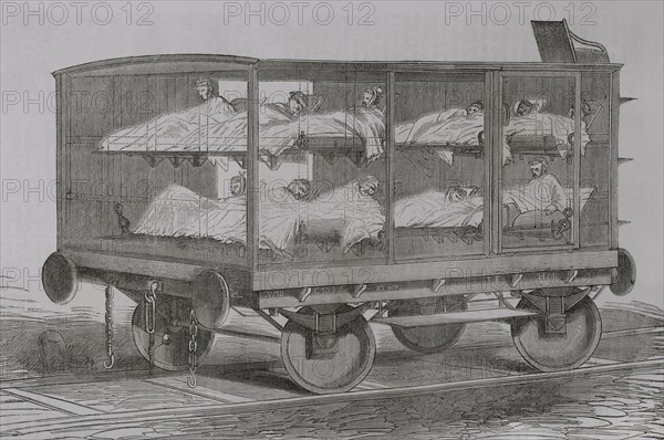 Franco-Prussian War (1870-1871). Casualty transport wagon. Engraving. ""Historia de la Guerra de Francia y Prusia"" (History of the War between France and Prussia). Volume II. Published in Barcelona, 1871.