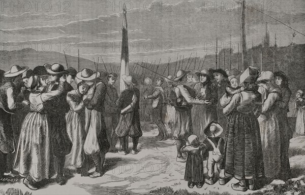 Bretons, Mobile Guard from Brittany. Used by General Trochu (1815-1896) as gendarmerie troops to suppress the revolutionary movement of the Paris Commune in 1871. The Breton Mobile Guard bidding farewell to their families. Engraving by Laporta. ""Historia de la Guerra de Francia y Prusia"" (History of the War between France and Prussia). Volume II. Published in Barcelona, 1871.