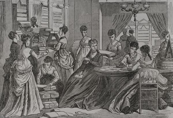 Franco-Prussian War (1870-1871). Stuttgart ladies' committee collecting goods for the war wounded. Engraving. ""Historia de la Guerra de Francia y Prusia"" (History of the War between France and Prussia). Volume II. Published in Barcelona, 1871.