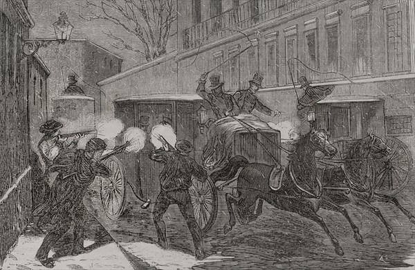 History of Spain. Madrid. Attack on General Prim (1814-1870) in calle del Turco (Turk Street) on 27 December 1870. Armed men with blunderbusses attacked his carriage as he was on the way to his residence in the Buenavista Palace. He died three days later from the wounds he had sustained. Engraving. ""Historia de la Guerra de Francia y Prusia"" (History of the War between France and Prussia). Volume II. Published in Barcelona, 1871.