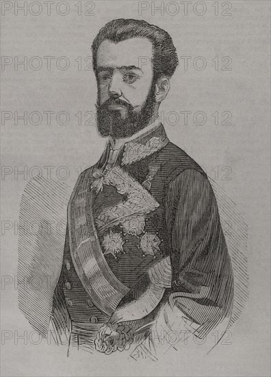 Amadeo I of Spain (1845-1890). King of Spain from January 2, 1871 to February 11, 1873. First Duke of Aosta. Portrait. Engraving. ""Historia de la Guerra de Francia y Prusia"" (History of the War between France and Prussia). Volume II. Published in Barcelona, 1871.