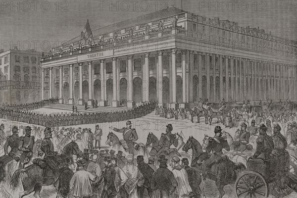 Franco-Prussian War (1870-1871). During the war, the city of Bordeaux temporarily (from 8 February to 20 March 1871) became the seat of the French government. Exterior view of the Grand Theatre where the National Assembly of the French Parliament met, 13 February 1871. Drawing by Miranda. Engraving by Capuz. ""Historia de la Guerra de Francia y Prusia"" (History of the War between France and Prussia). Volume II. Published in Barcelona, 1871.