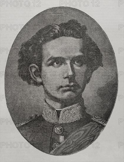 Ludwig II of Bavaria (1845-1886). King of Bavaria (1864-1886). Portrait. Engraving. ""Historia de la Guerra de Francia y Prusia"" (History of the War between France and Prussia). Volume II. Published in Barcelona, 1871.