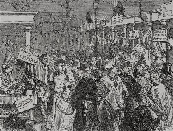 Franco-Prussian War (1870-1871). Siege of Paris (19 September 1870 to 28 January 1871). Meat market in Paris. Engraving. ""Historia de la Guerra de Francia y Prusia"" (History of the War between France and Prussia). Volume II. Published in Barcelona, 1871.