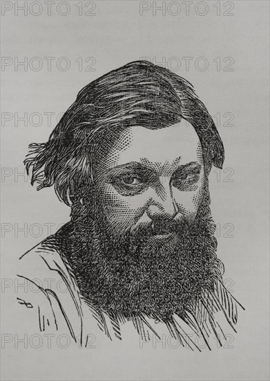 Gustave Courbet (Jean Desire Gustave Courbet) (1819-1877). French painter, the greatest representative of Realism movement. Important republican activist, very close to revolutionary socialism. He was a member of the government of the Paris Commune of 1871. Portrait. Engraving. ""Historia de la Guerra de Francia y Prusia"" (History of the War between France and Prussia). Volume II. Published in Barcelona, 1871.