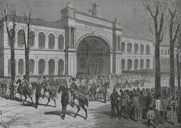 Franco-Prussian War (1870-1871). On 1 March 1871 the Prussian army entered Paris in a symbolic manner, although the troops subsequently left the city. Parade of German troops on the Champs Elysees. Drawing by Miranda. Engraving by Laporta. ""Historia de la Guerra de Francia y Prusia"" (History of the War between France and Prussia). Volume II. Published in Barcelona, 1871.