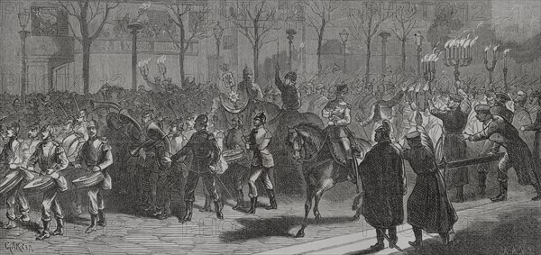 Franco-Prussian War (1870-1871). On 1 March 1871, the Prussian army entered Paris in a symbolic manner, although the troops subsequently left the city. Germans leave the city. Drawing by Garcia. Engraving. ""Historia de la Guerra de Francia y Prusia"" (History of the War between France and Prussia). Volume II. Published in Barcelona, 1871.