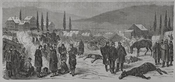 Franco-Prussian War (1870-1871). French camp in Neuchatel (Switzerland). Drawing by Miranda. Engraving by Ricord. ""Historia de la Guerra de Francia y Prusia"" (History of the War between France and Prussia). Volume II. Published in Barcelona, 1871.