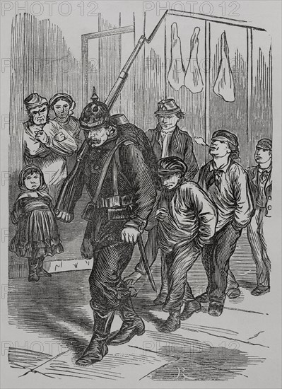 Franco-Prussian War (1870-1871). On 1 March 1871, the Prussian army entered Paris in a symbolic manner, although the troops subsequently left the city. The last German in Paris. Engraving. ""Historia de la Guerra de Francia y Prusia"" (History of the War between France and Prussia). Volume II. Published in Barcelona, 1871.