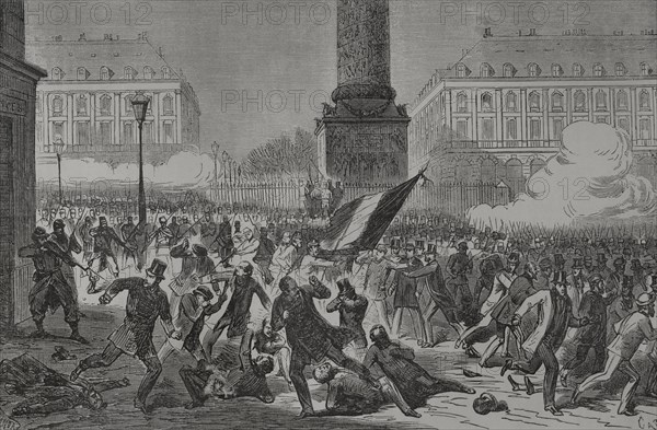 France. Paris Commune. Popular revolutionary movement that took power in Paris from 18 March to 28 May 1871, during the Franco-Prussian War. Massacre of supporters of the ""Party of Order"" (conservatives) in the Place Vendome in Paris, 22 March 1871. The so-called ""Friends of Order"", also ""Friends of Peace"", held a demonstration in front of the headquarters of the National Guard, demanding the expulsion of the headquarters of the ""federates"" from the Place Vendome. They disarmed and attacked two sentries, provoking the reaction of two hundred federates in the square, who clashed with the demonstrators and shot at them, killing and wounding dozens of people. Drawing by Miranda. Engraving by Capuz. ""Historia de la Guerra de Francia y Prusia"" (History of the War between France and Prussia). Volume II. Published in Barcelona, 1871.