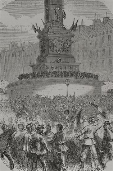 France. Paris Commune. Popular revolutionary movement that took power in Paris from 18 March to 28 May 1871, during the Franco-Prussian War. Riots in the Place de la Bastille. Engraving. ""Historia de la Guerra de Francia y Prusia"" (History of the War between France and Prussia). Volume II. Published in Barcelona, 1871.