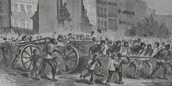 France. Paris Commune. Popular revolutionary movement that took power in Paris from 18 March to 28 May 1871, during the Franco-Prussian War. The insurgents dragging the cannons to Montmartre. Drawing by Garcia. Engraving by Ricord. ""Historia de la Guerra de Francia y Prusia"" (History of the War between France and Prussia). Volume II. Published in Barcelona, 1871.