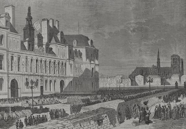 France. Paris Commune. Popular revolutionary movement that took power in Paris from 18 March to 28 May 1871, during the Franco-Prussian War. Barricades and artillery park of the Communards, Place de l'Hotel de Ville. Drawing by Miranda. Engraving by Laporta. ""Historia de la Guerra de Francia y Prusia"" (History of the War between France and Prussia). Volume II. Published in Barcelona, 1871.