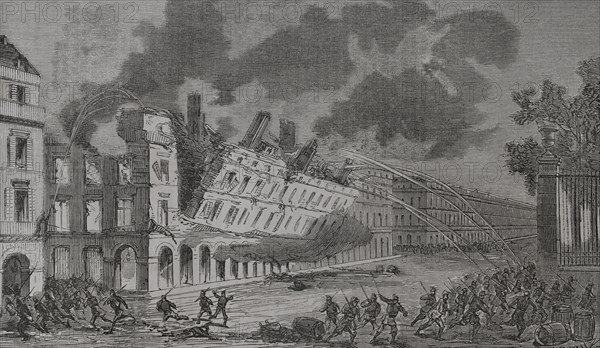 France. Paris Commune. Popular revolutionary movement that took power in Paris from 18 March to 28 May 1871, during the Franco-Prussian War. Rue de Rivoli (Rivoli Street) on the afternoon of 25 May 1871. Collapse of the Ministry of Finance building. Engraving by Capuz. ""Historia de la Guerra de Francia y Prusia"" (History of the War between France and Prussia). Volume II. Published in Barcelona, 1871.