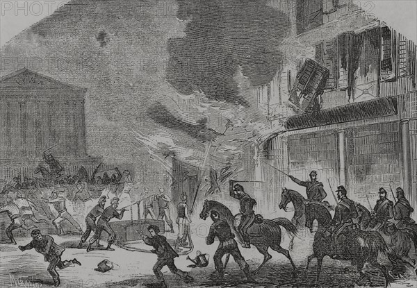 France. Paris Commune. Popular revolutionary movement that took power in Paris from 18 March to 28 May 1871, during the Franco-Prussian War. Arsonist firefighters surprised by Versailles troops. Drawing by Miranda. Engraving by Capuz. ""Historia de la Guerra de Francia y Prusia"" (History of the War between France and Prussia). Volume II. Published in Barcelona, 1871.