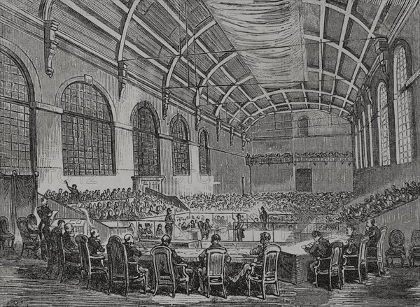 France. Paris Commune. Popular revolutionary movement that took power in Paris from 18 March to 28 May 1871, as a result of the Franco-Prussian War. Trial of the Paris Commune. Cases proceedings by the court martial at Versailles against the leaders of the Paris insurrection. Session room of the third council of war at Versailles. 6 August 1871. Engraving. ""Historia de la Guerra de Francia y Prusia"" (History of the War between France and Prussia). Volume II. Published in Barcelona, 1871.