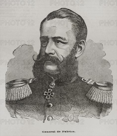 Alfred von Fabrice (Georg Friedrich Alfred von Fabrice) (1818-1891). Saxon cavalry general and politician. Minister of War (1866-1891) and president of the government of the Kingdom of Saxony (1876-1891). Portrait. Engraving. ""Historia de la Guerra de Francia y Prusia"" (History of the War between France and Prussia). Volume II. Published in Barcelona, 1871.