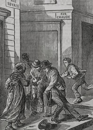 France. Death of Paul Beurtheret, editor of the ""Union Liberale"", hit by a Prussian projectile at the rue Royale in Tours, 1870. Engraving. ""Historia de la Guerra de Francia y Prusia"" (History of the War between France and Prussia). Volume II. Published in Barcelona, 1871.