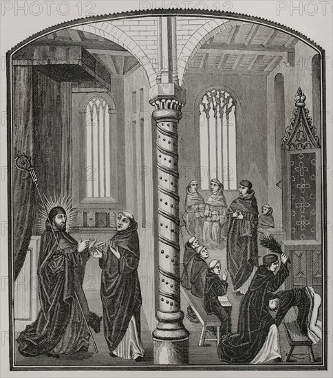 School of Mendicant Monks. Punishment of the rods. Engraving after a 15th century miniature. Sciences & Lettres au Moyen Age et a l'epoque de la Renaissance. Paris, 1877.