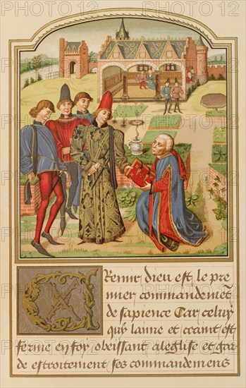 Georges Chastelain (ca. 1405-1475). Burgundian chronicler and poet. Georges Chastelain offering his book to Charles, Duke of Burgundy. Chromolithography after a 15th century miniature from ""L'Instruction d'un jeune prince"", by G. Chastelain. Sciences & Lettres au Moyen Age et a l'epoque de la Renaissance. Paris, 1877.