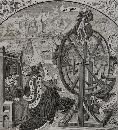 Wheel of Fortune. Engraving by Maradan after a miniature of Boethius ""Consolatio Philosophiae"", published in the 16th century. Sciences & Lettres au Moyen Age et a l'epoque de la Renaissance. Paris, 1877.