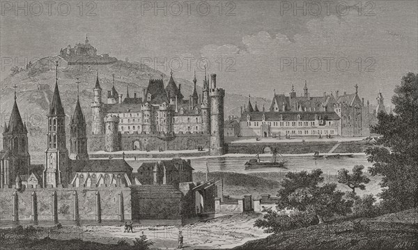 France. Paris. View of Saint-Germain-des-Pres and Pre aux Clercs under reign of Charles V. Abbey of Saint-Germain-des-Pres (in the foreground), the Louvre (centre), the Petit-Bourbon (on the right), the Seine River and Montmartre ( top of the hill). Facsimile of an engraving from 1724 in Dom Jacques Bouillart's ""Histoire de l'Abbaye Royale de Saint Germain des Prez"". Sciences & Lettres au Moyen Age et a l'epoque de la Renaissance. Paris, 1877.