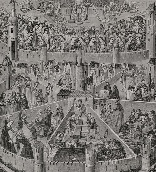 Heavenly city and earthly city. Representation of the ""City of God"" as imagined by St. Augustine. The upper part with the saints already welcomed into heaven. The seven lower compartments show those who are preparing themselves, through the exercise of Christian virtues, to be part of the eternal kingdom or to be excluded from it forever because of committing the Seven Deadly Sins. Engraving by Huyot from a miniature of Saint Augustine's ""The City of God"", mid-15th century. Detail. Sciences & Lettres au Moyen Age et a l'epoque de la Renaissance. Paris, 1877.