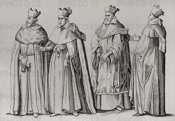 France. Bachelors of the Faculty of Theology, and Professors of the Faculties of Theology, Jurisprudence and Medicine at the University of Pont-a-Mousson, at the funeral of Charles III, Duke of Lorraine in 1608, founder in 1572 of this university. Engraving by Claude de la Ruelle. Sciences & Lettres au Moyen Age et a l'epoque de la Renaissance. Paris, 1877.