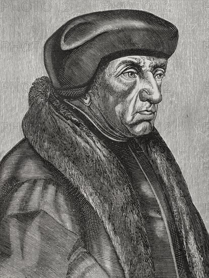 Erasmus (c. 1466-1536). Dutch theologian, philosopher and humanist. Portrait. Engraving. Sciences & Lettres au Moyen Age et a l'epoque de la Renaissance. Paris, 1877.